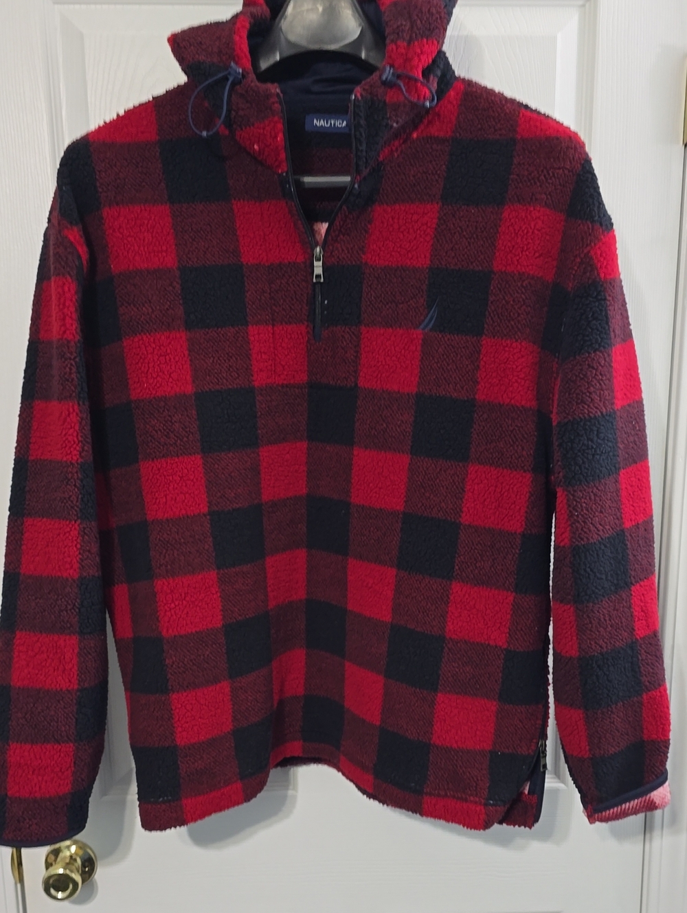 Nautica Men's Red and Black Plaid Quarter-Zip Fleece Pullover